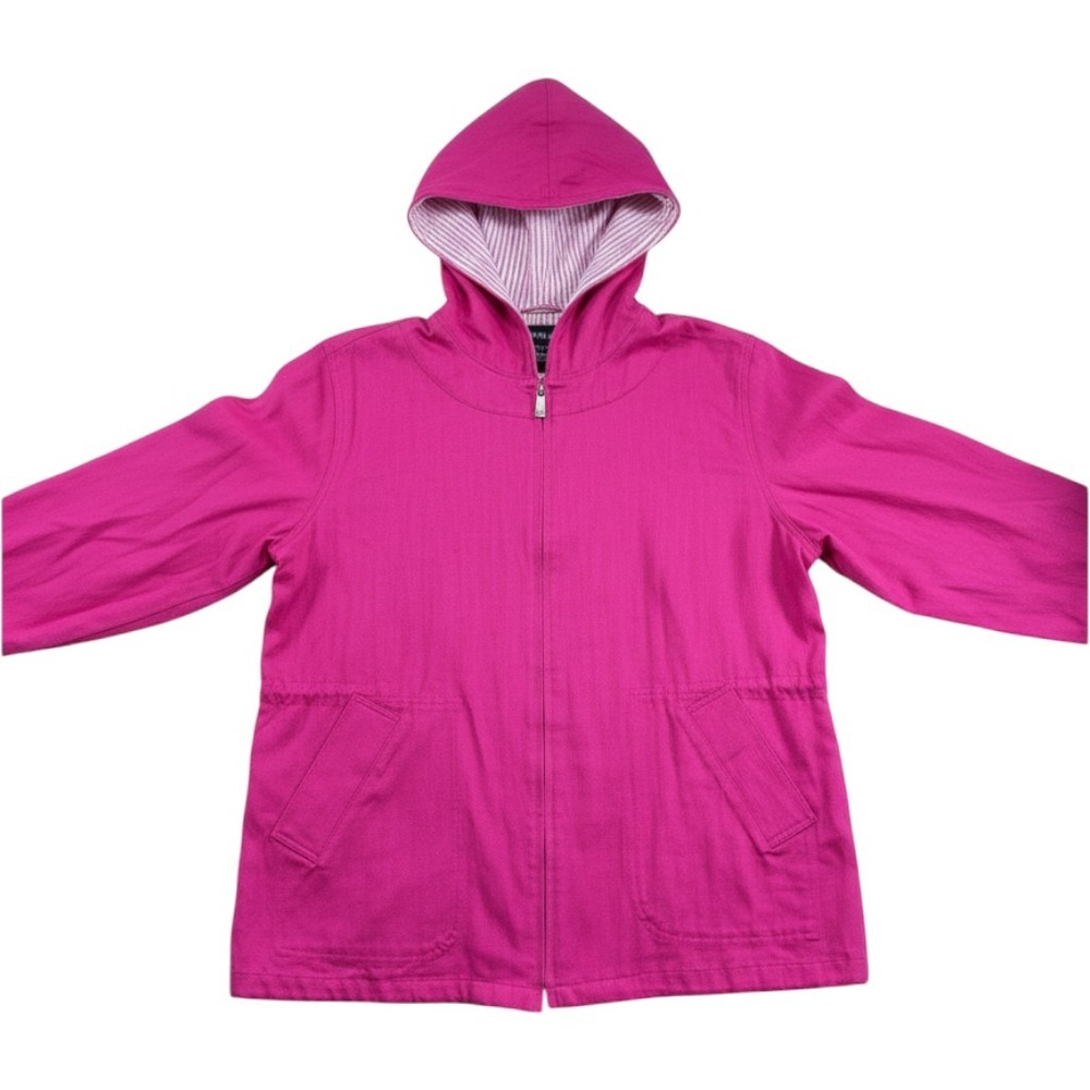 Denim & Co Pink Full Zip Hooded Jacket Magenta Cotton Twill Large